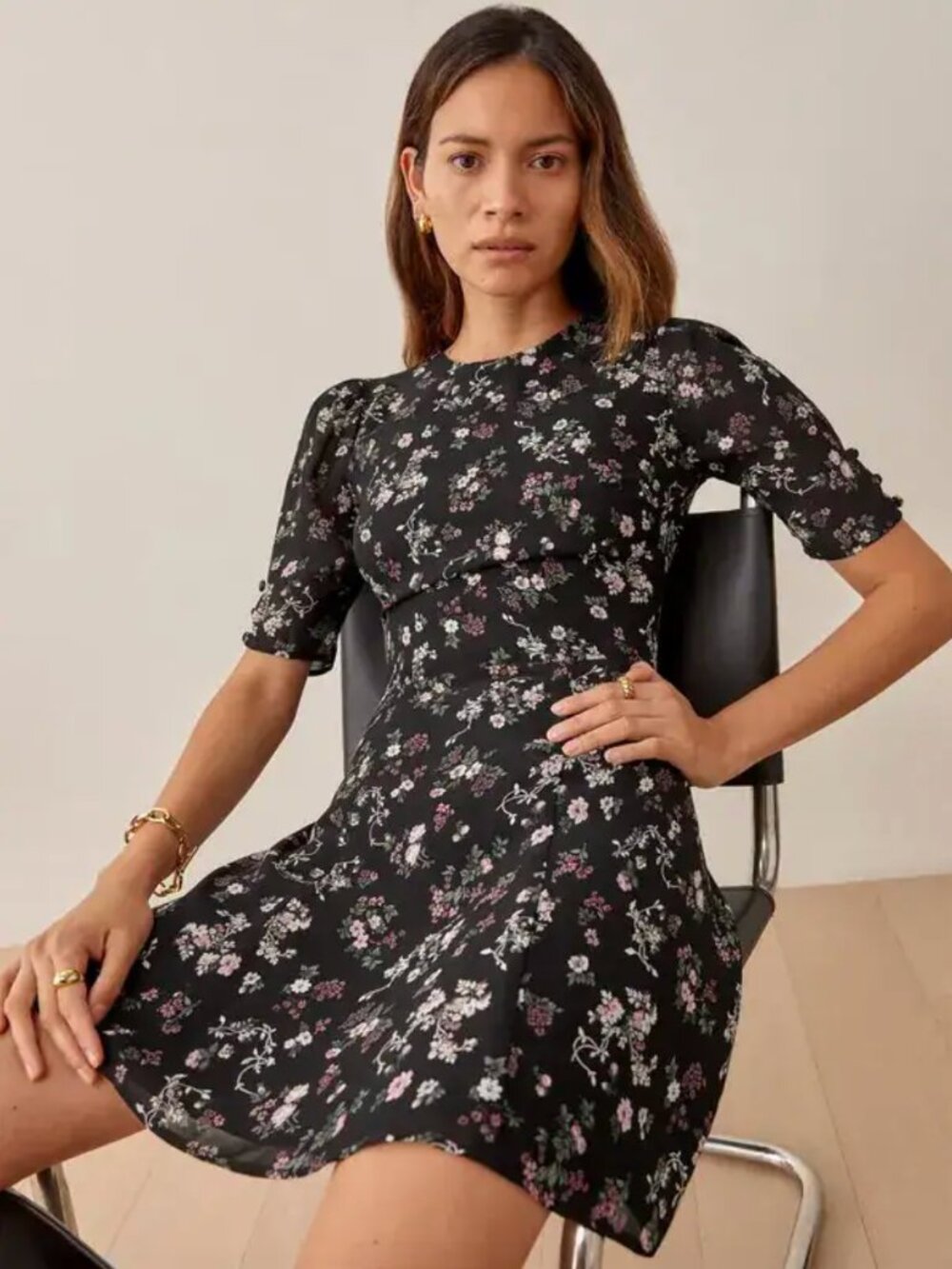 Reformation Black Pink Ditzy Jolene Floral Bard Short Sleeve Breezy Mini Dress